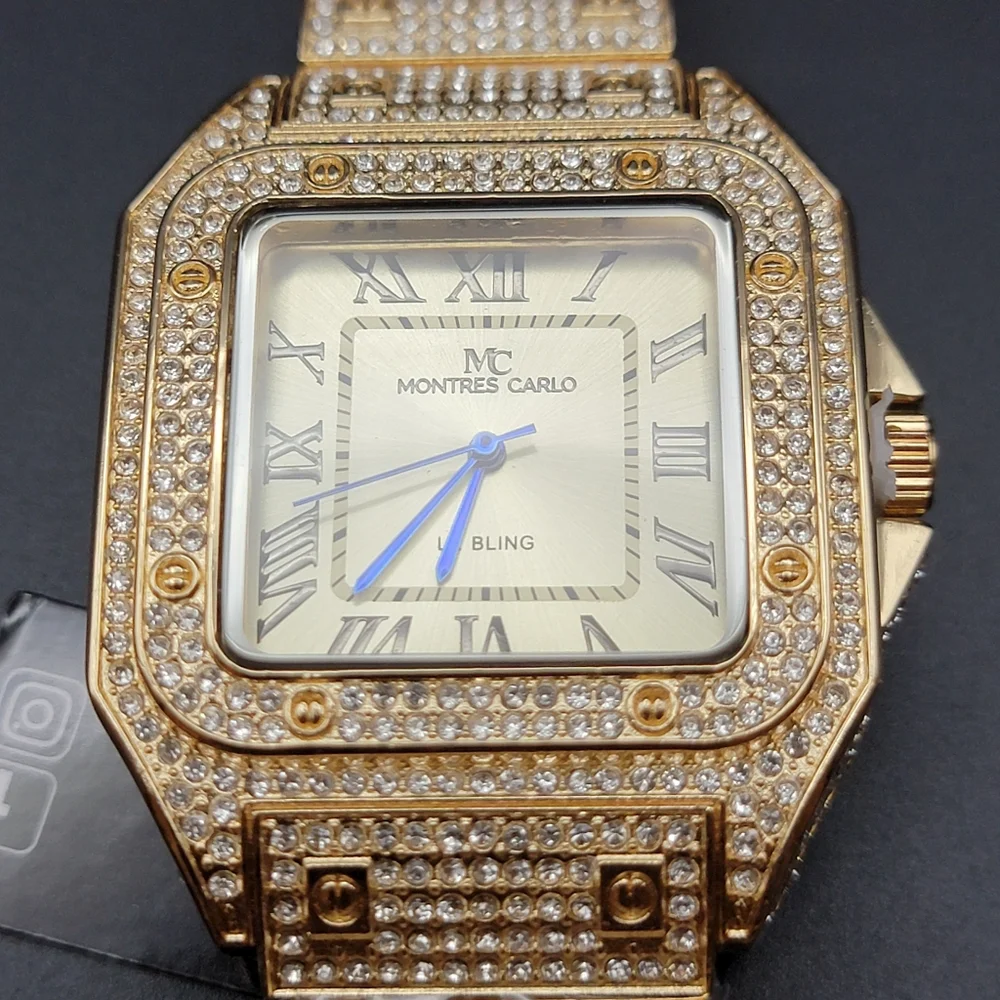 Men’s Gold Tone Iced Out Pavé MC Montres Carlo Bling Watch – Roman Numerals 45mm
